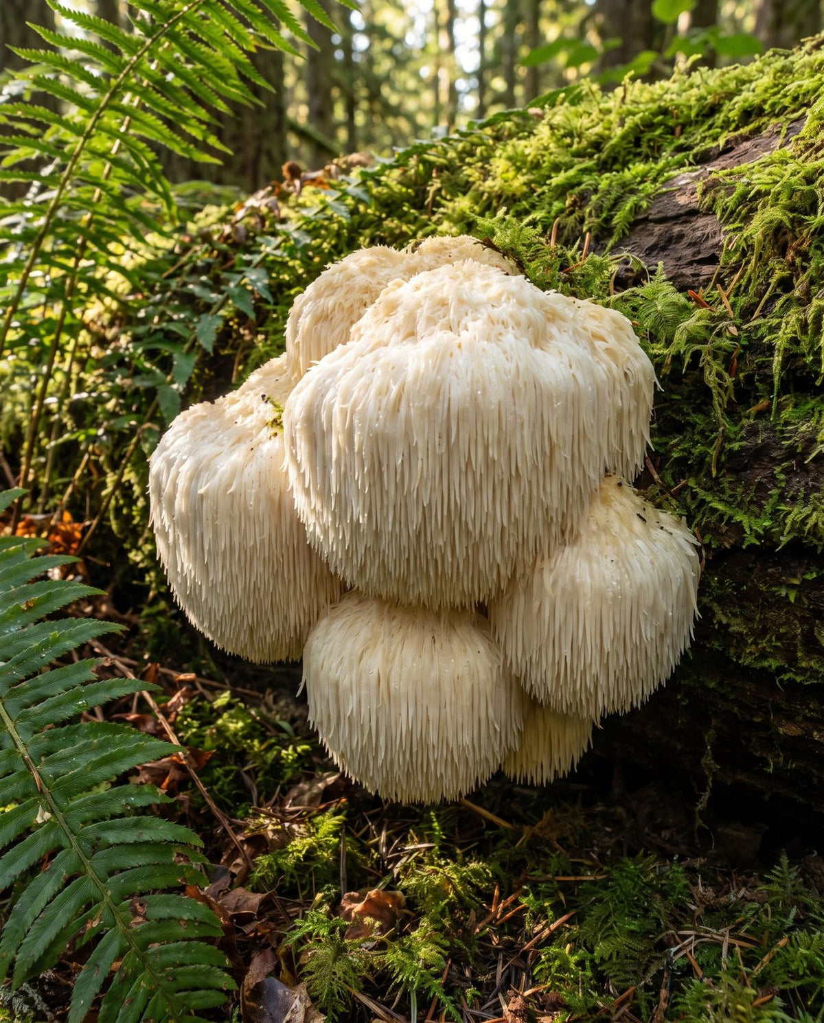 Lion's Mane mushroom on a mossy log