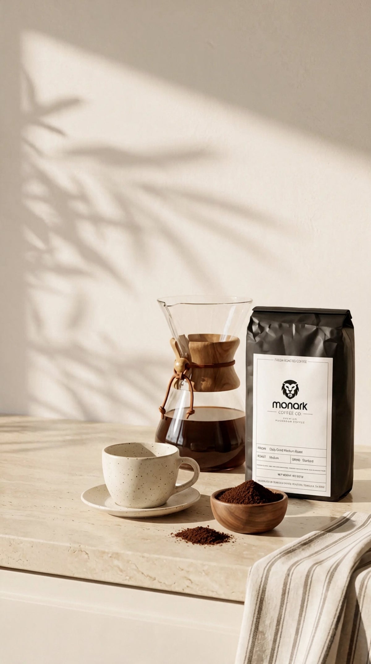Monark Daily Grind Medium Roast with a pour-over carafe and cup