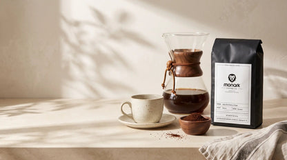 Monark Daily Grind Medium Roast with a pour-over carafe and cup