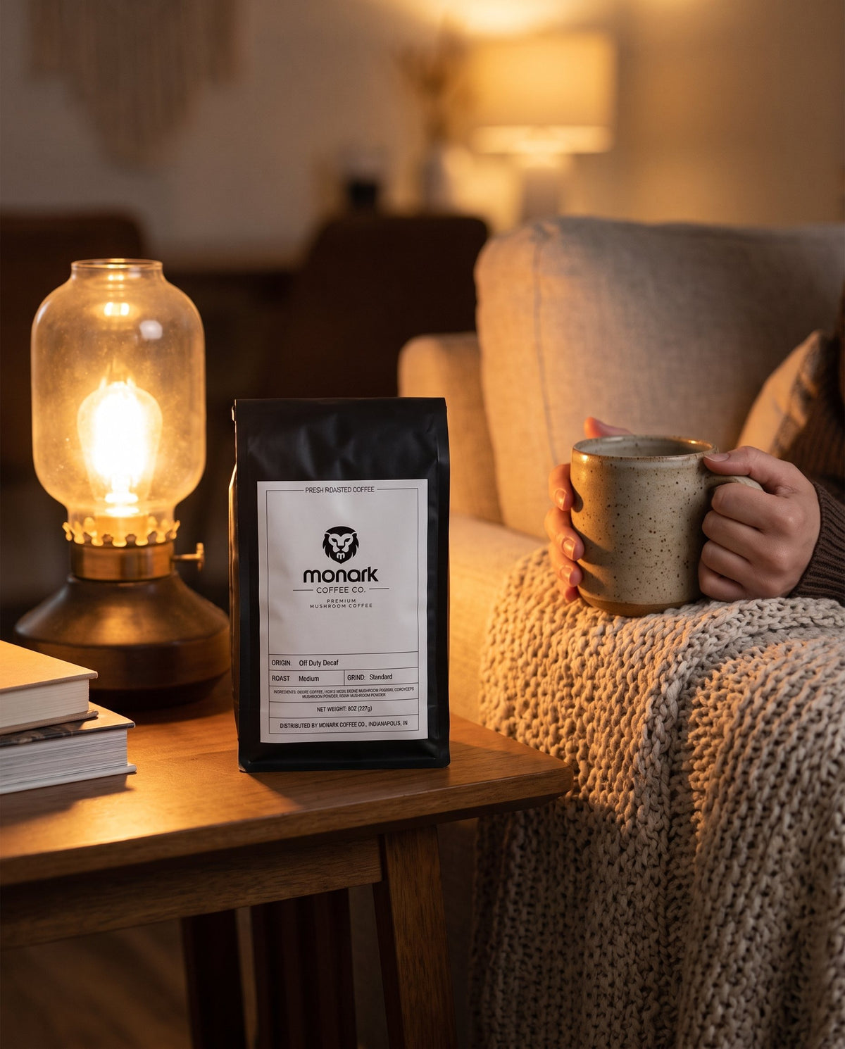 Monark Off Duty Decaf on a side table by lamplight, with a mug of coffee